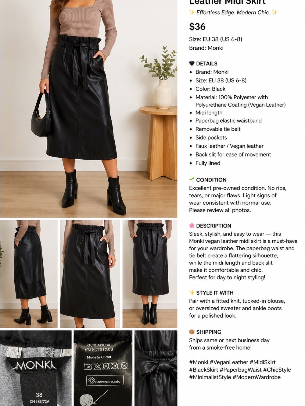 MONKI Black Vegan Leather Midi Skirt EU 38 / US 6-8
